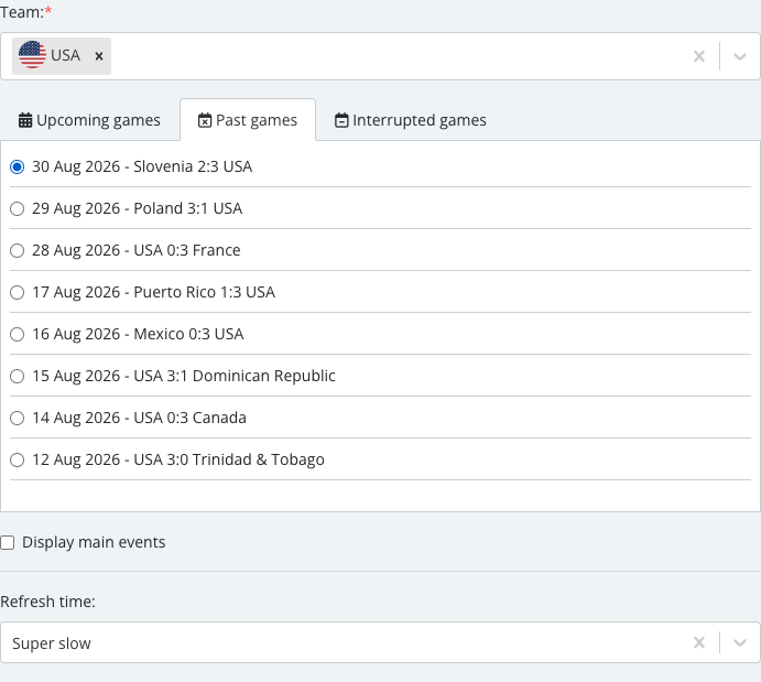 The match list revealed after selecting a team, with one specific Match Center match checked.