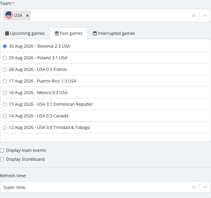 The match list revealed after selecting a team, with one specific Single Event Detailed match checked.