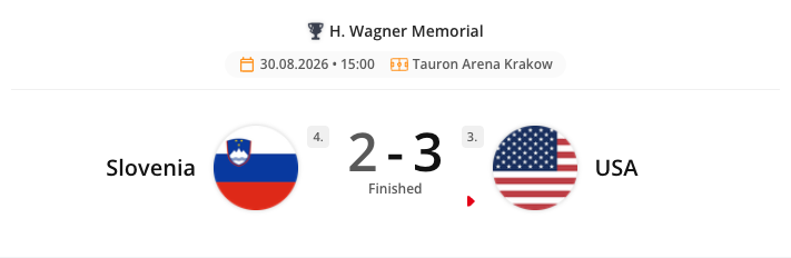 The Volleyball Single Event Detailed widget rendered in the CMS preview. By default the widget shows just the match result. Checking Display Scoreboard adds the set-by-set breakdown underneath it, shown below.