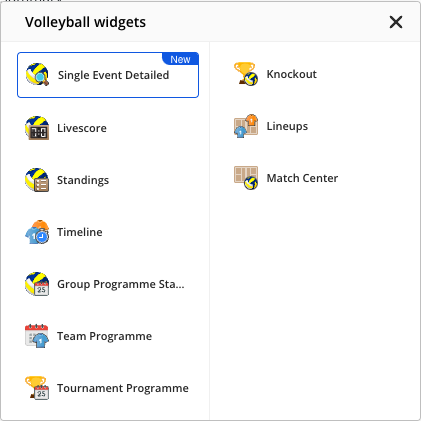 The Volleyball widgets list opened from the sport icon, showing all ten widgets with Team Programme among them.