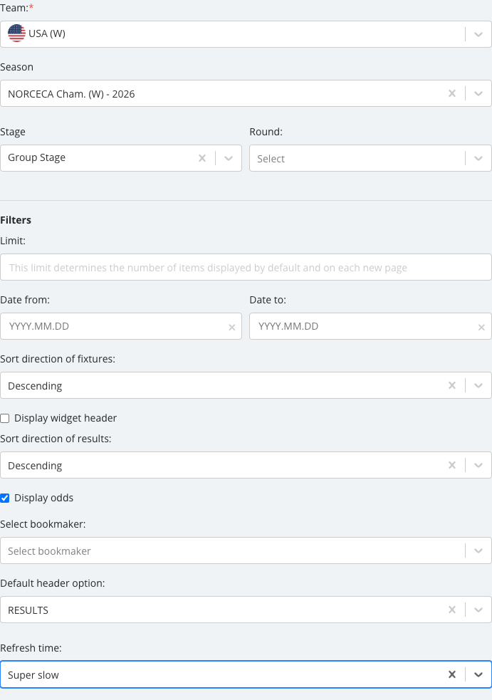 The Team Programme options panel with its fields set.
