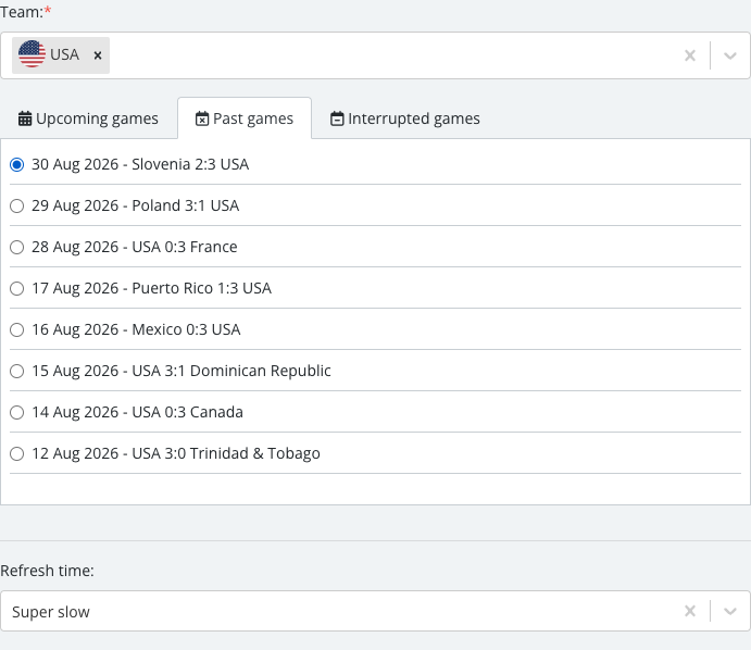The match list revealed after selecting a team, with one specific Timeline match checked.