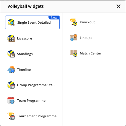 The Volleyball widgets list opened from the sport icon, showing all ten widgets with Tournament Programme among them.