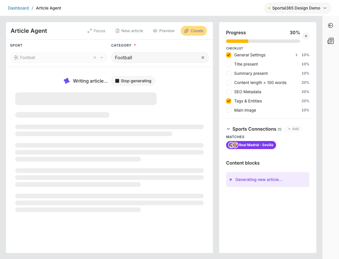 Article Agent while a generation runs. Above grey skeleton placeholders, the editor shows a spinning purple AI icon, the status 