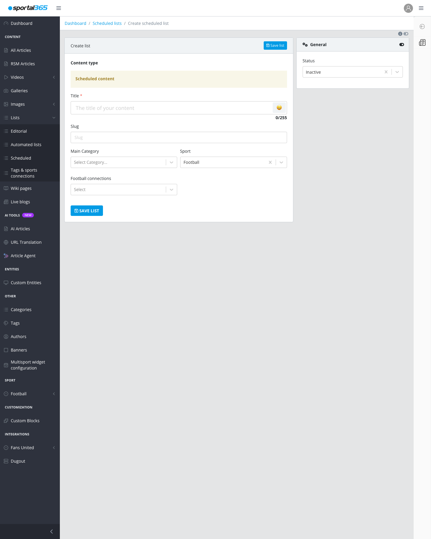 Create Scheduled List form