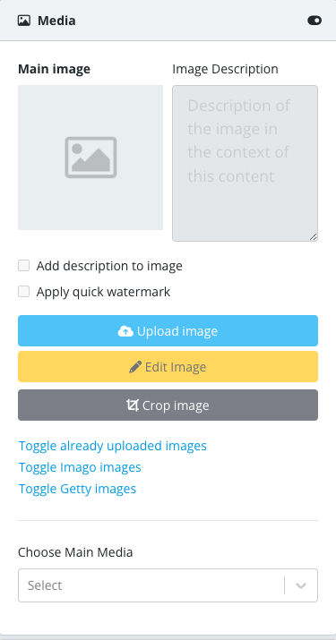 Content properties panel: Media tab (Main image, Image Description, Upload/Edit/Crop image, Choose Main Media)