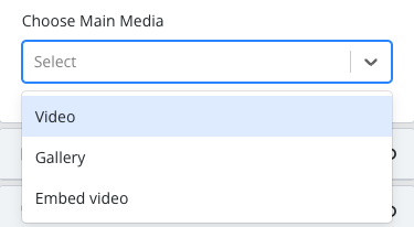 Media tab: Choose Main Media options (Video, Gallery, Embed video)