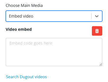 Media tab: Choose Main Media set to Embed video, showing the Video embed box